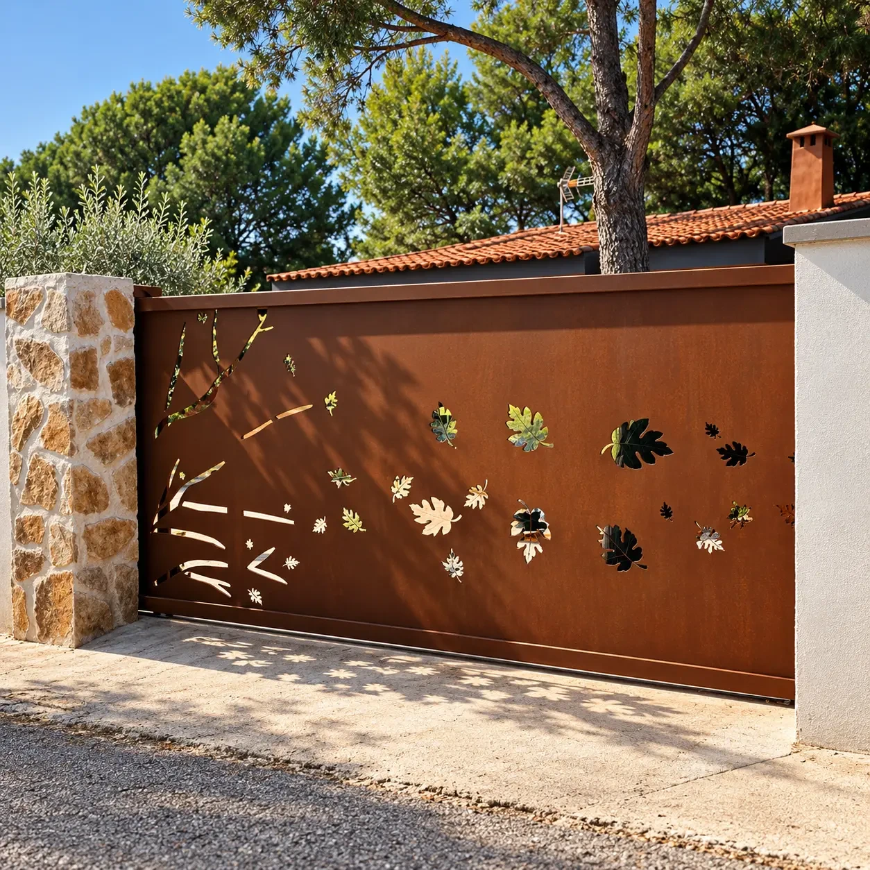 Puerta de acero corten con hojas caladas en un acceso entre muros de piedra