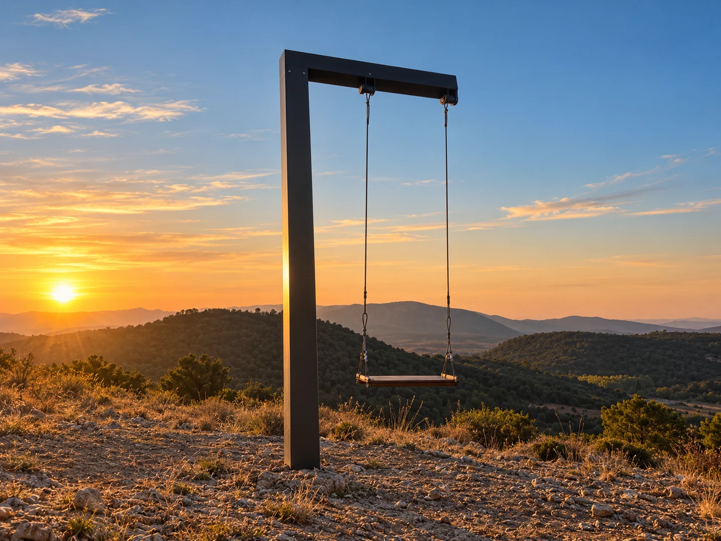 Columpio gigante de estructura metálica al atardecer