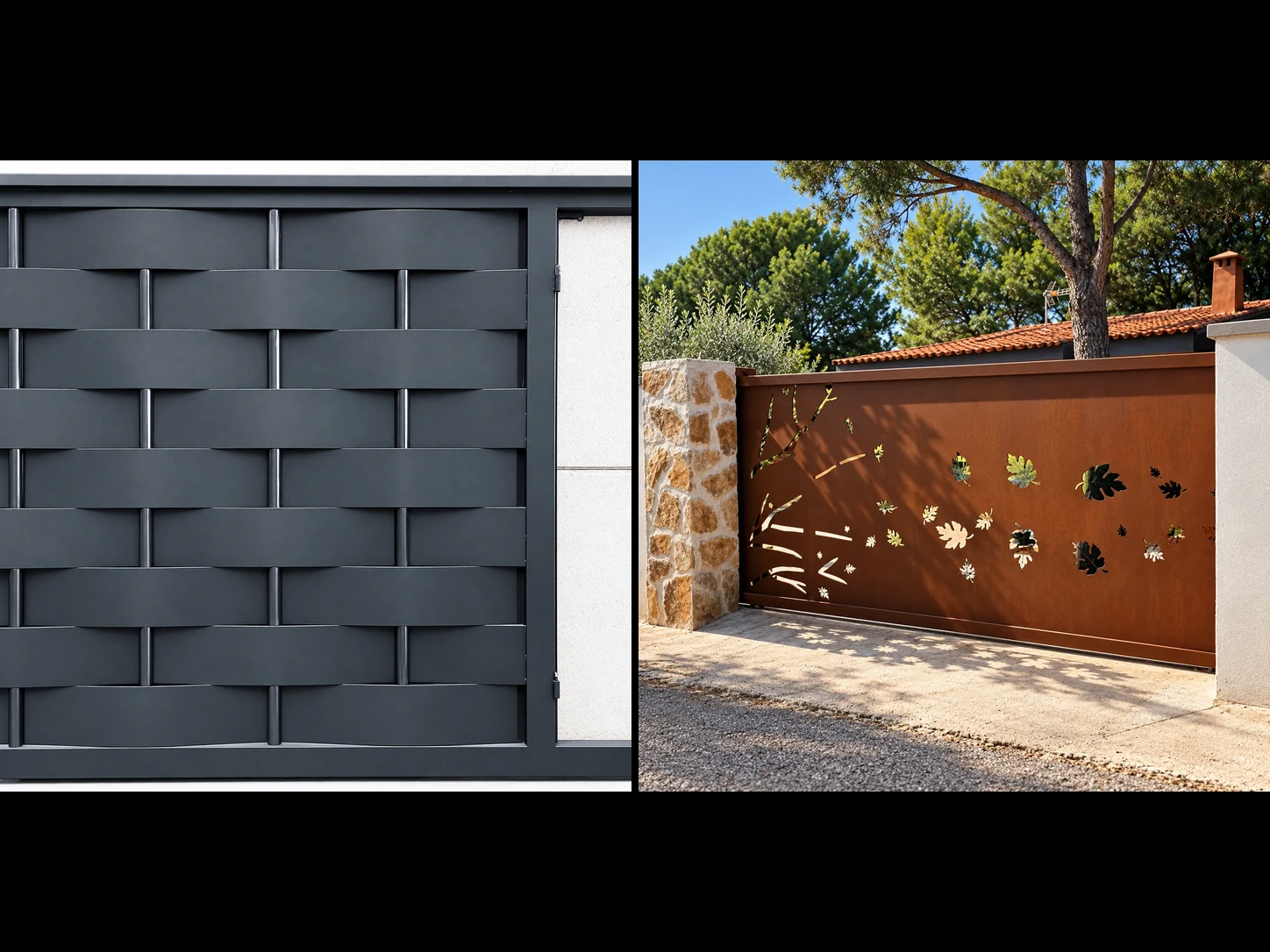 Dos puertas metálicas: diseño entrelazado y acero corten con hojas caladas