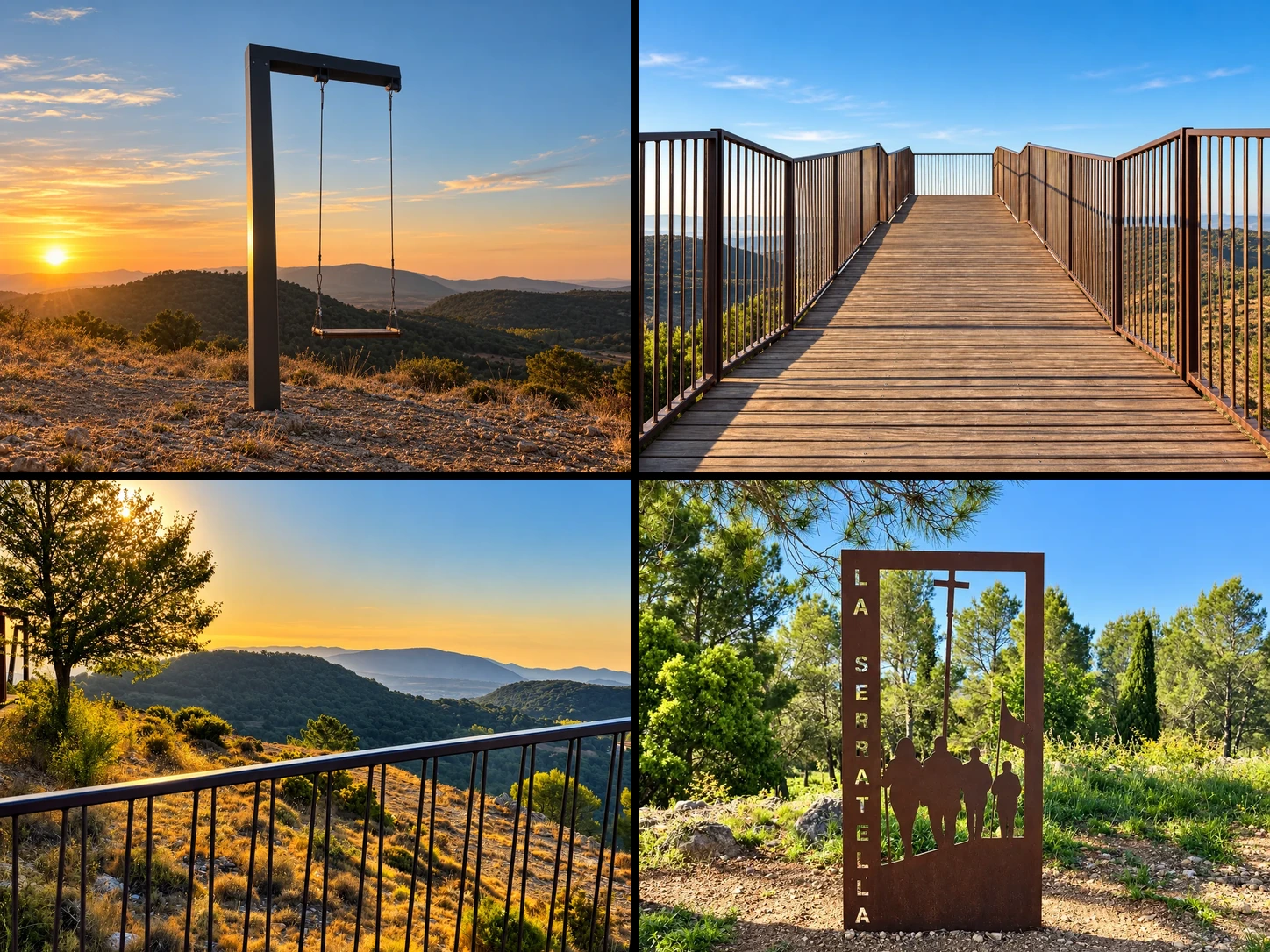 Mosaico de columpio gigante al atardecer, vista general del mirador con pasarela, barandilla del mirador con el paisaje y monumento escultórico entre pinares