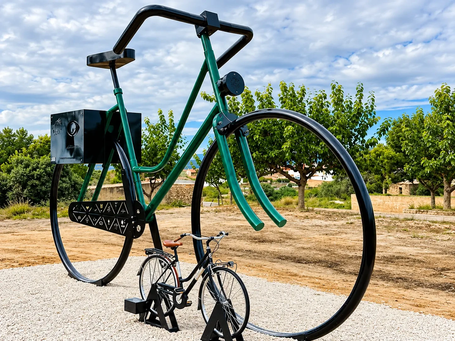 Bicicleta gigante verde junto a una bicicleta de tamaño normal, foto 7