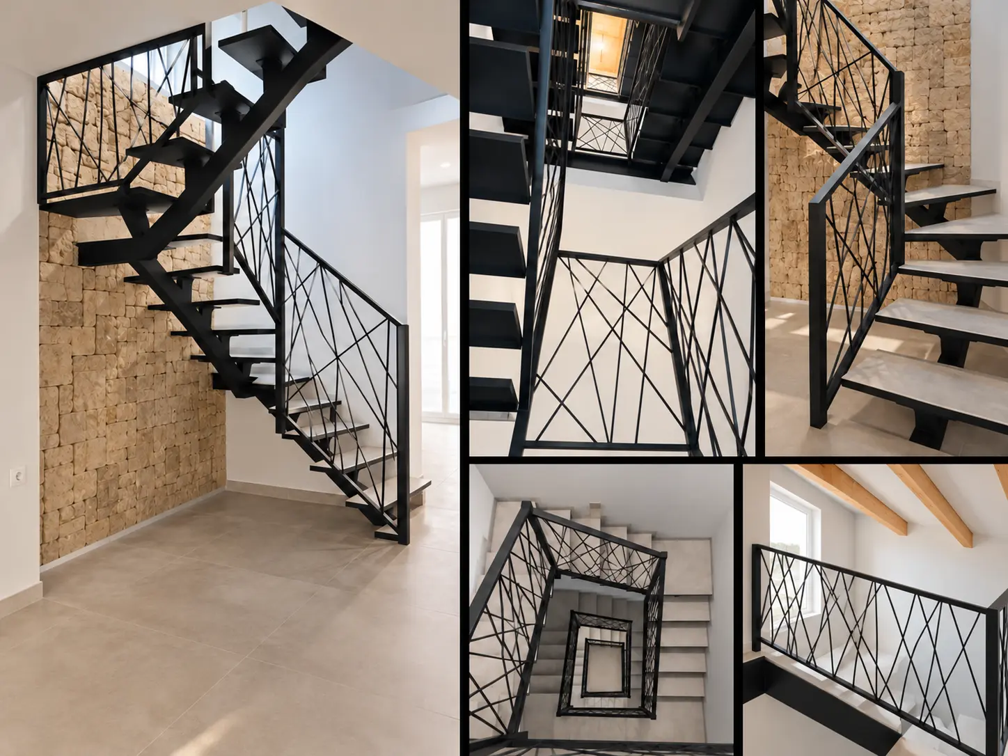 Collage de escalera metálica con barandilla geométrica
