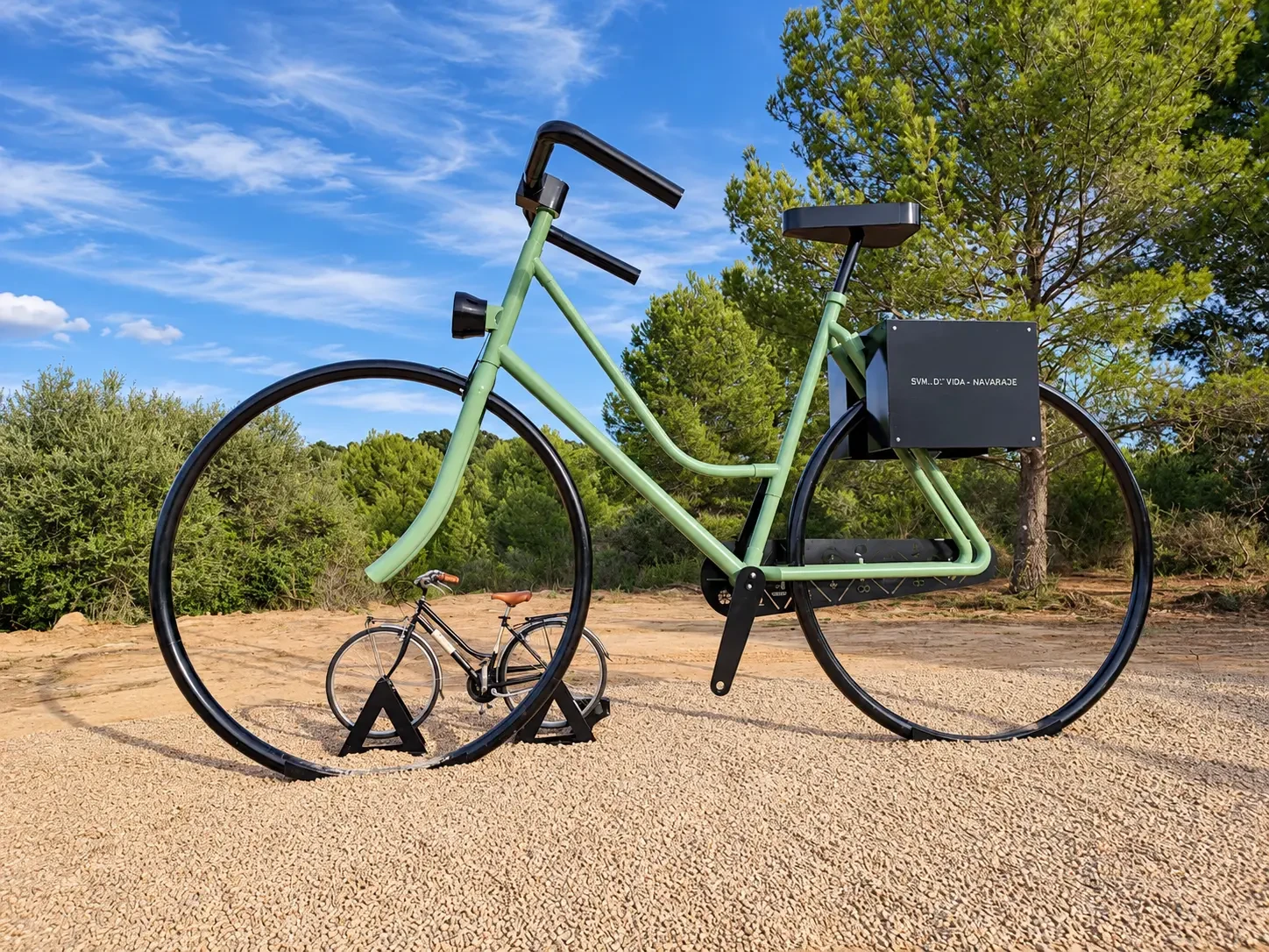 Bicicleta gigante de estructura metálica en un parque, foto 5