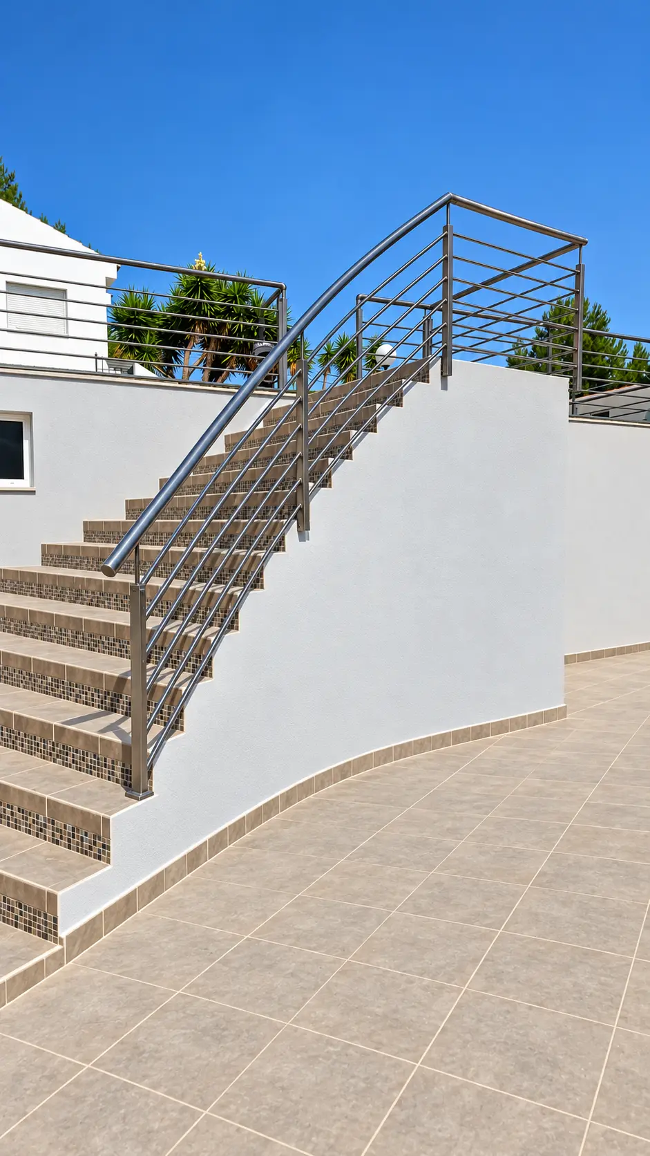 Barandillas metálicas de líneas rectas en escalera y terraza exterior