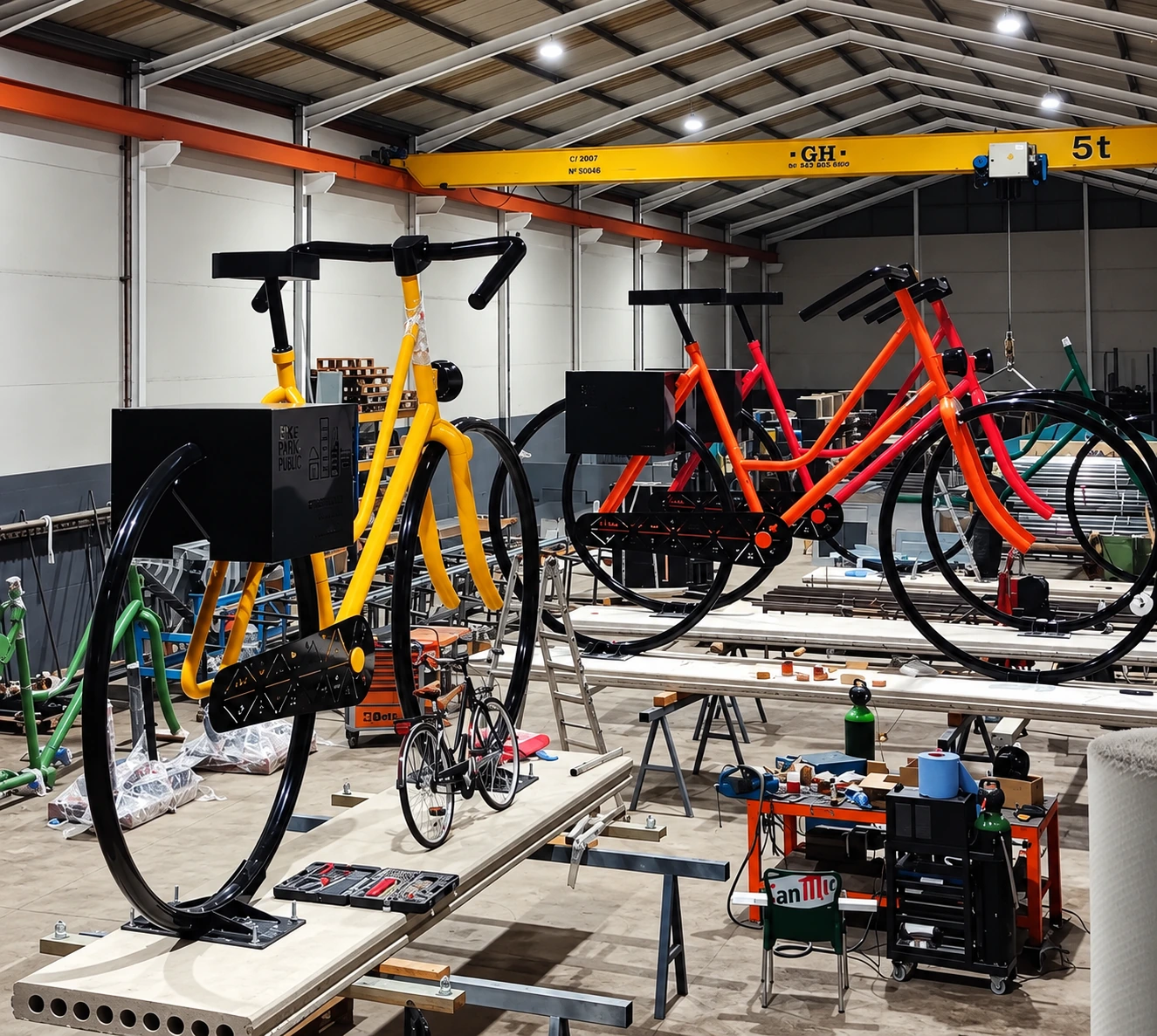 Bicicletas gigantes escultóricas en fabricación dentro del taller, foto 6