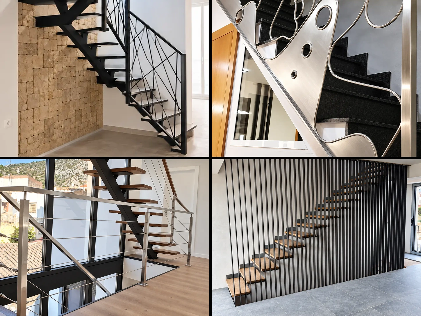 Mosaico de escalera geométrica, barandilla ondulante, escalera con ventanal y escalera con barras verticales