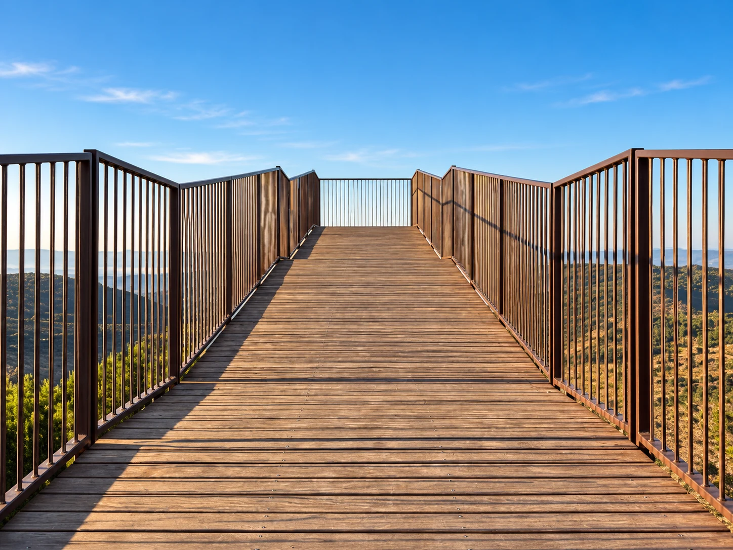 Vista general del mirador con barandilla metálica y pasarela de madera